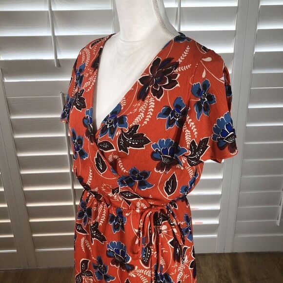Crescent Surplice Mock Wrap Maxi Dress Small Flutter Sleeve Coral Floral Print - Picture 7 of 12